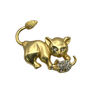 Kitten Cat with Mouse Clear Crystal Gold Tone Brooch Pin 1.75" Vintage